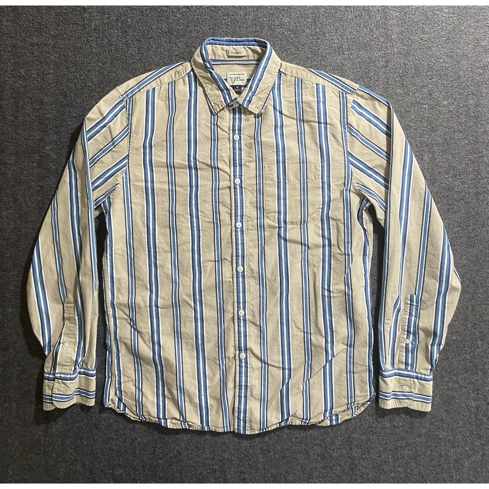 J.Crew Mens Shirt Beige Blue Striped Long Sleeve Button 100% Cotton Size M